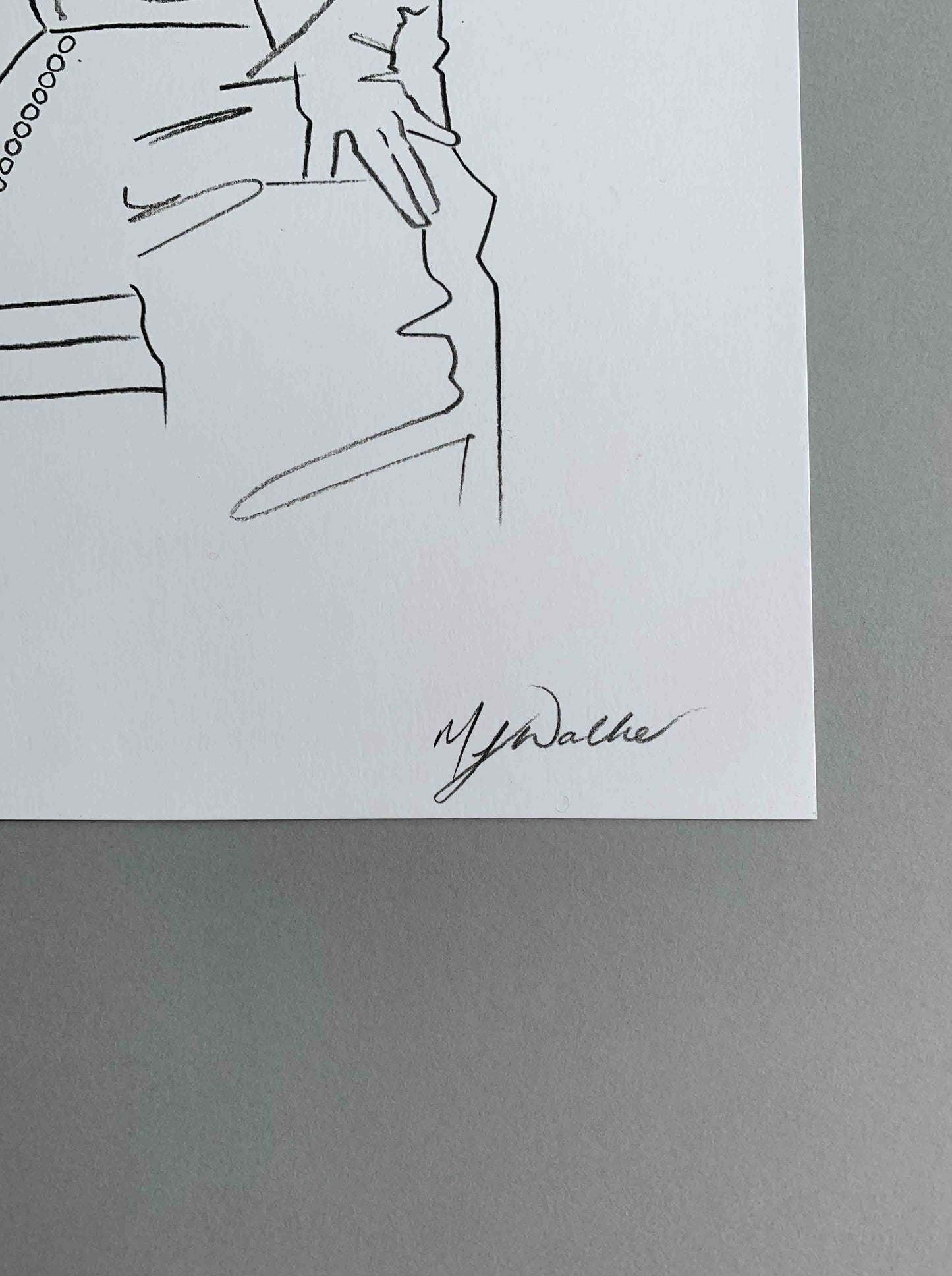 Melanie Walker, fashion designer and illustrators signature at the bottom of her original piece 'Lady in a Riding Hat'.