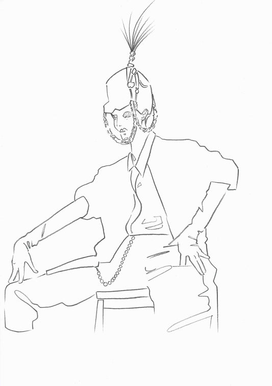 Minimal line drawing of a fashion model wearing a riding hat with a large feather coming out the top.