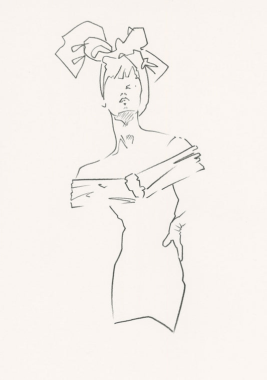 Monochrome, charcoal sketch of a lady in a mini dress and a headscarf.