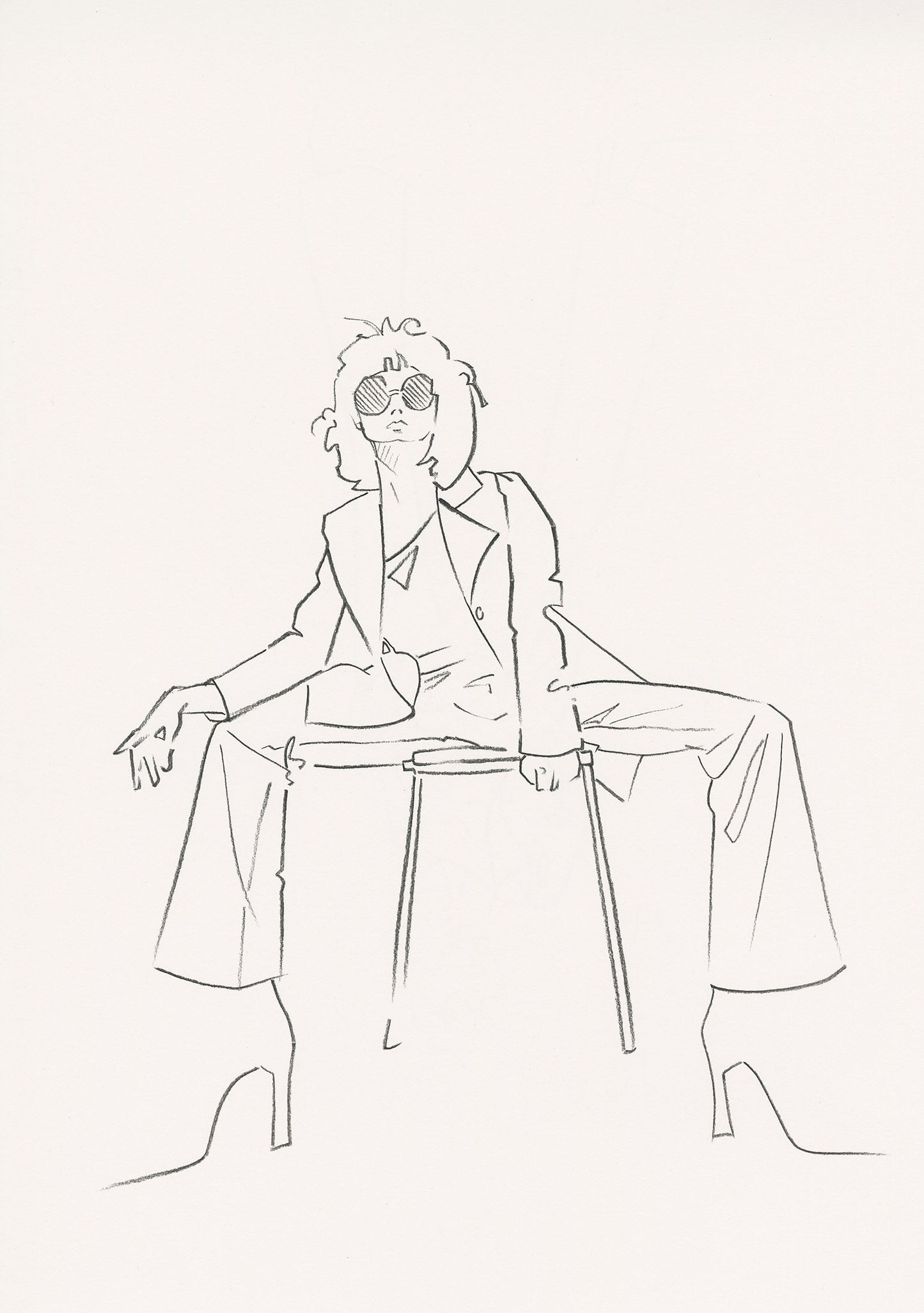 Contemporary monochrome illustration of a female model in a suit sitting on a stool.
