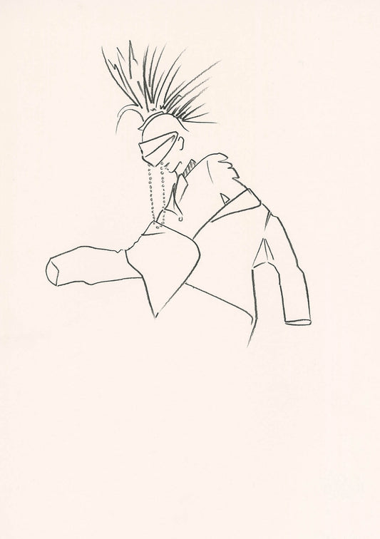 Contemporary monochrome print of a person with a Mohawk wearing a jacket.