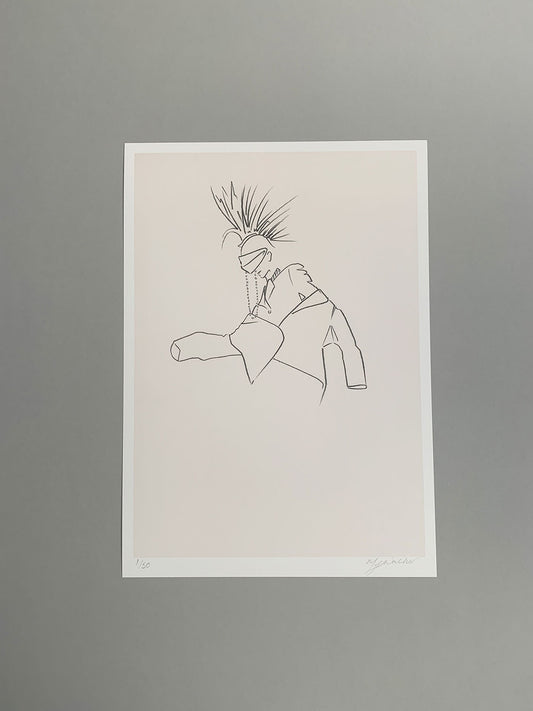 Charcoal fashion sketch of a person with a Mohawk on a grey background.