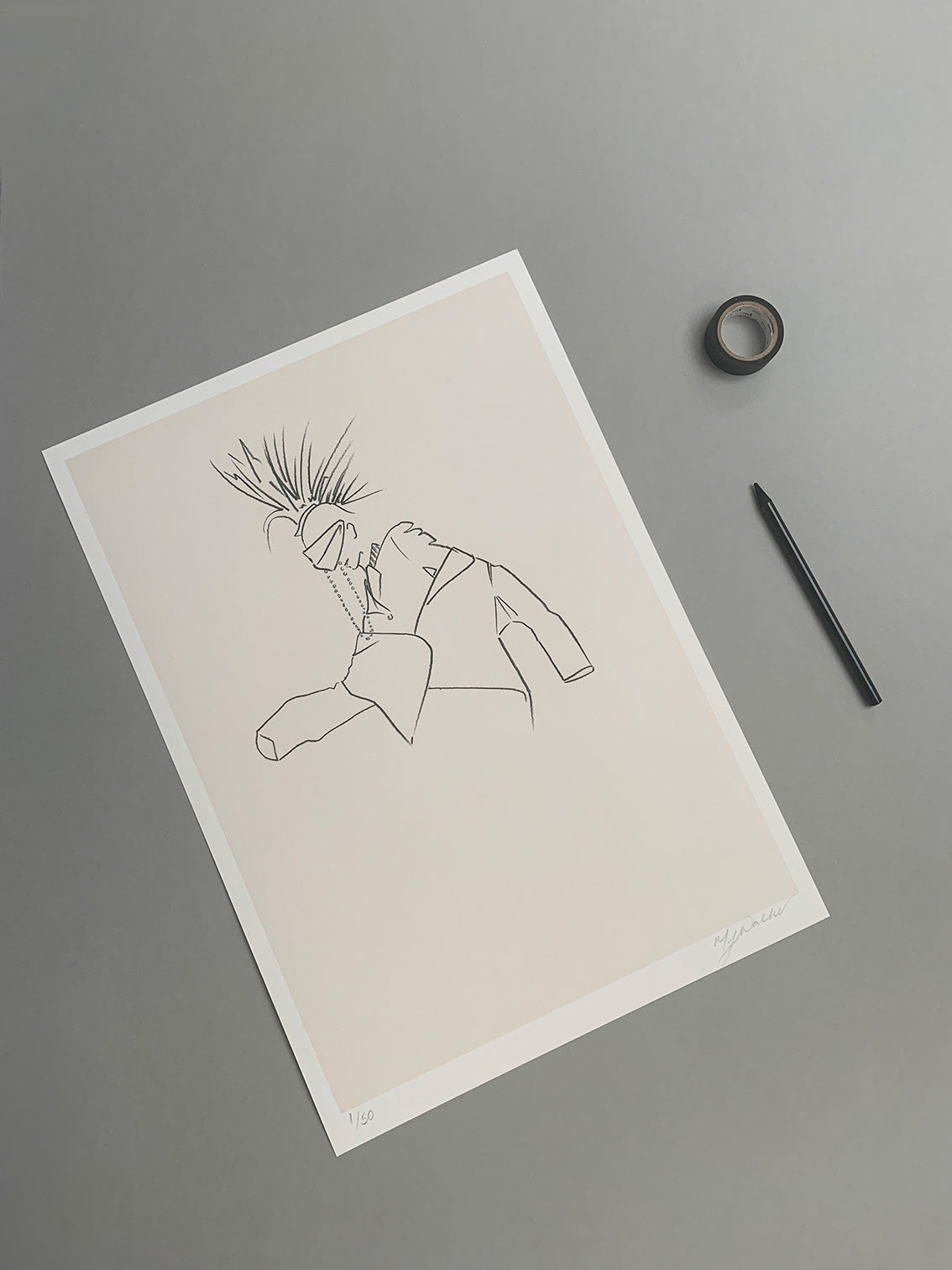 Minimalist fashion illustration of a person with a Mohawk on a grey background.