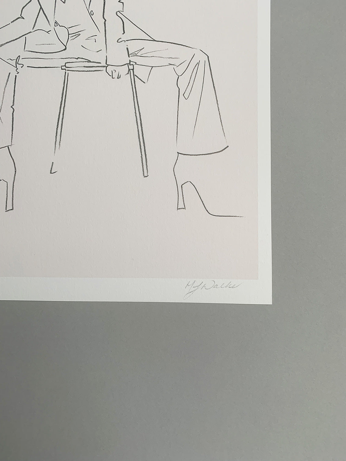 Melanie Walker's signature on a fashion illustration of a lady sitting on a stool.