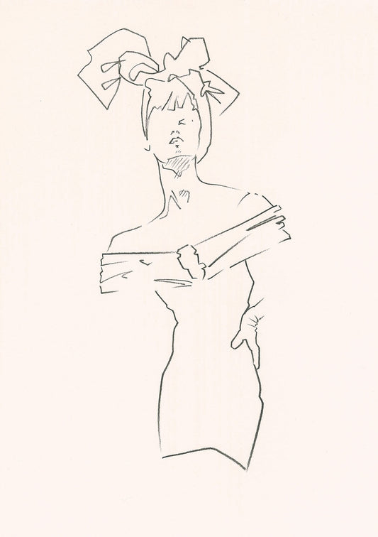 Contemporary monochrome print of a lady in a head scarf.