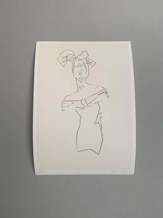 Contemporary fashion print of a lady in a headscarf on a grey background.
