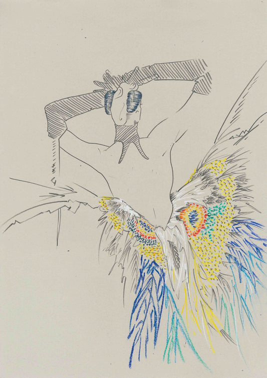 Thierry Mugler butterfly dress drawn in pastel pencils but fashion designer and illustrator Melanie Walker.