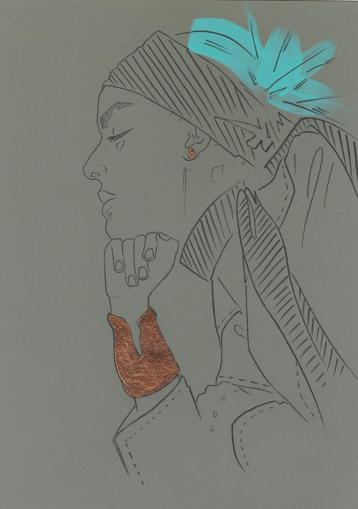 Melanie Walker with Tiffany x FIDA x Elsa Peretti Illustration; Large Bone Cuff Rose Gold Tear Drop Earring.