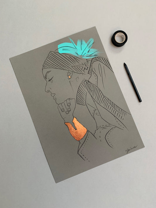 Melanie Walker with Tiffany x FIDA x Elsa Peretti Illustration; Large Bone Cuff Rose Gold Tear Drop Earring, on a grey background.