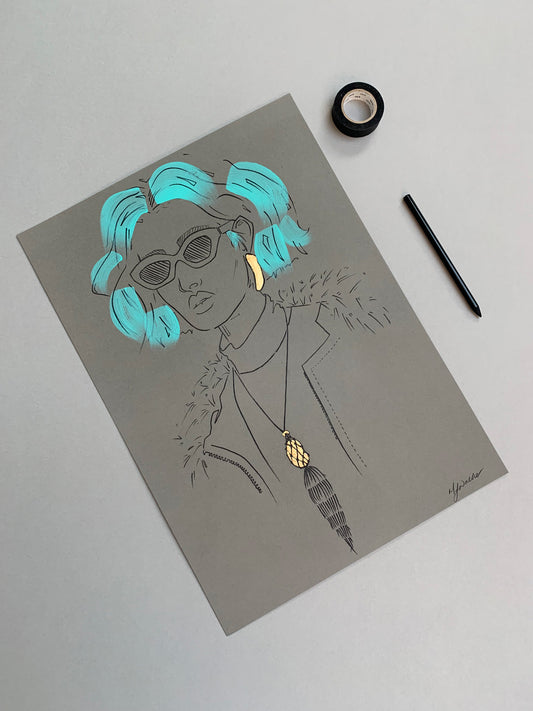Melanie Walker with Tiffany x FIDA x Elsa Peretti Illustration; Gold Bean Design Pendant with High Tide earrings, on a grey background.