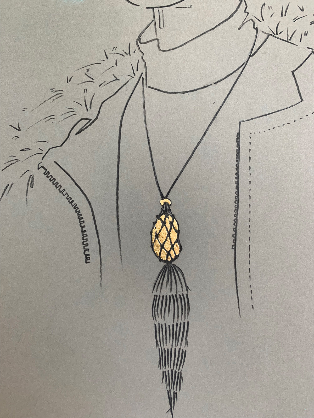 Details of Melanie Walker with Tiffany x FIDA x Elsa Peretti Illustration; Gold Bean Design Pendant with High Tide earrings.