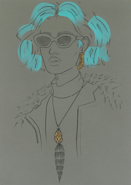 Melanie Walker with Tiffany x FIDA x Elsa Peretti Illustration; Gold Bean Design Pendant with High Tide earrings.