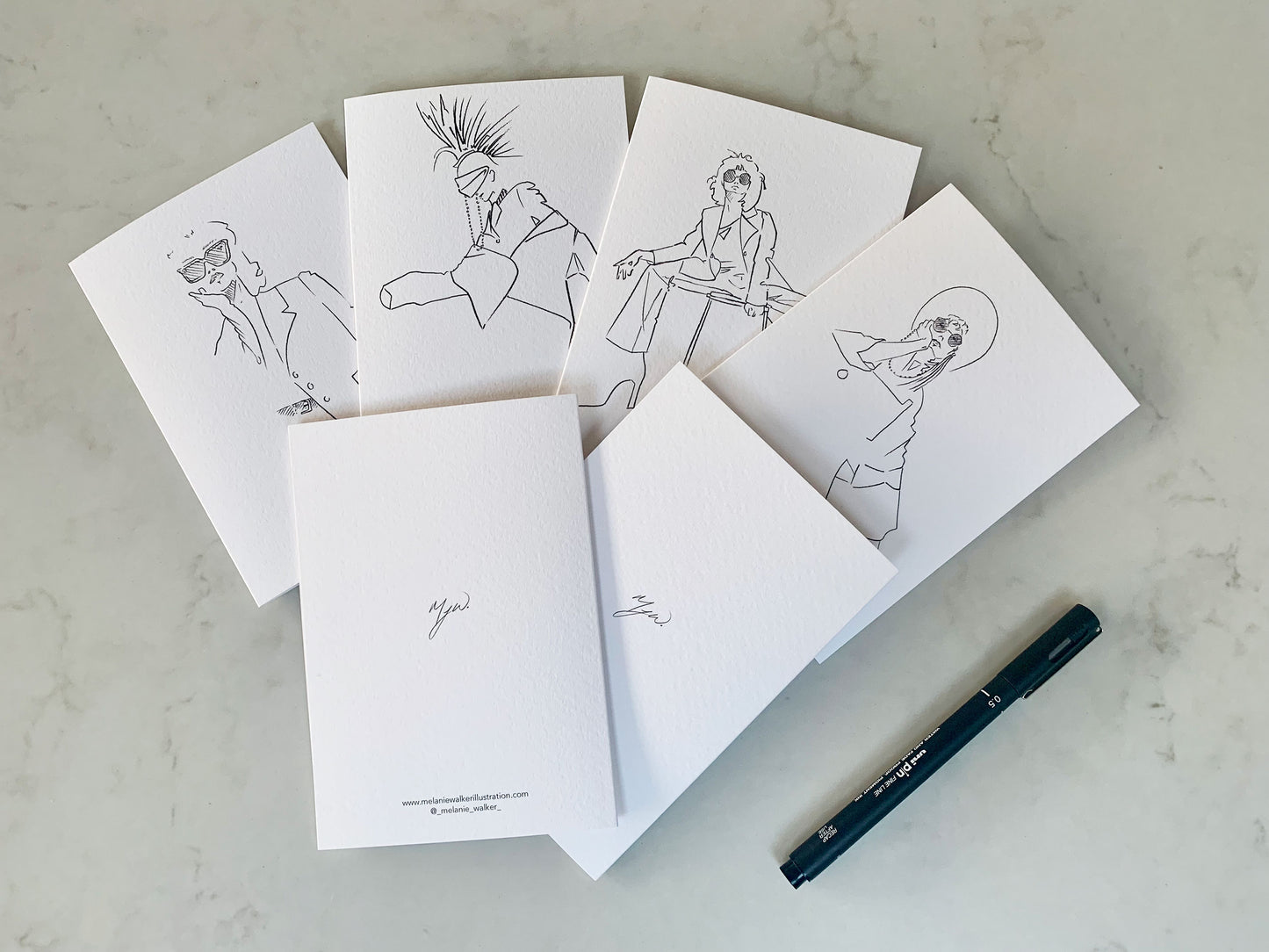 Set of 6 greeting cards with illustrations by fashion designer Melanie Walker.