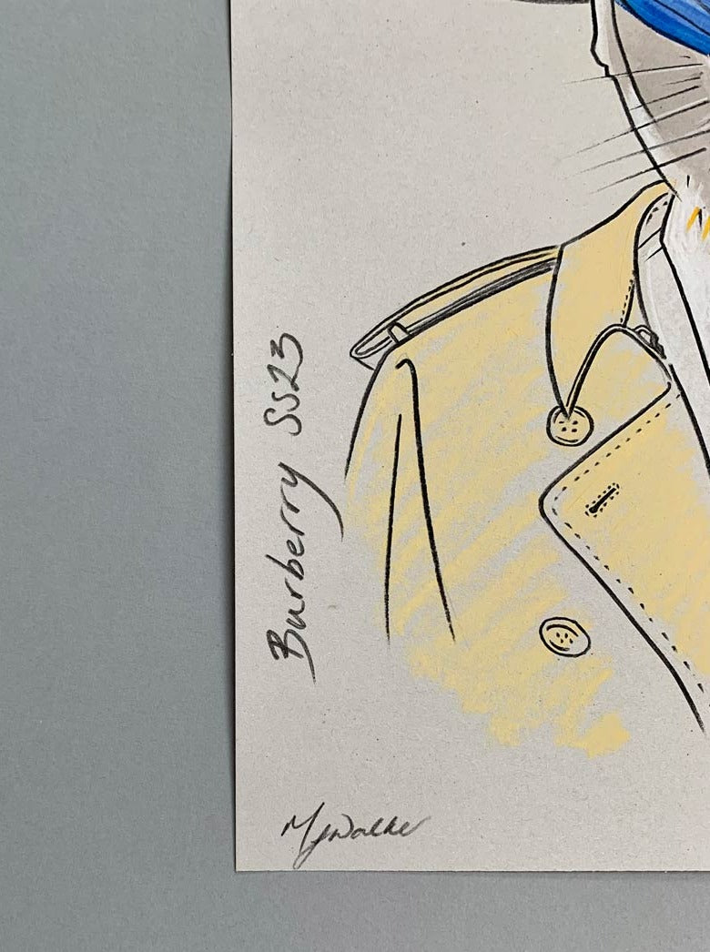 Mel Walker's signature on a colourful illustration of an beaver in designer Burberry clothing.