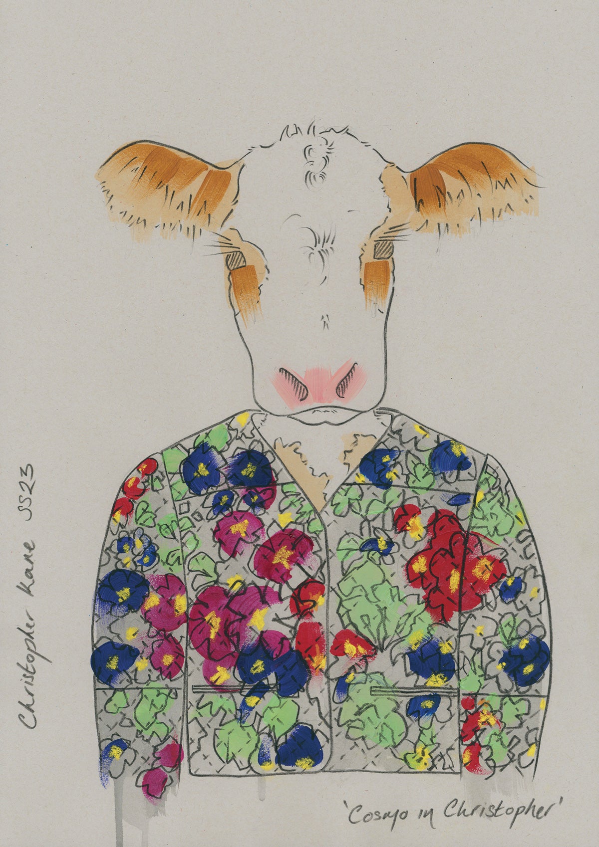 Colourful illustration of a cow in designer Christopher clothing.