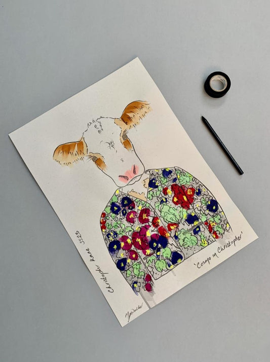 Colourful illustration of a cow in designer Christopher clothing on a grey background.