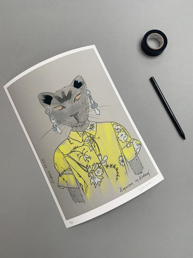 Modern colour print of an animal in designer clothing on a grey background.