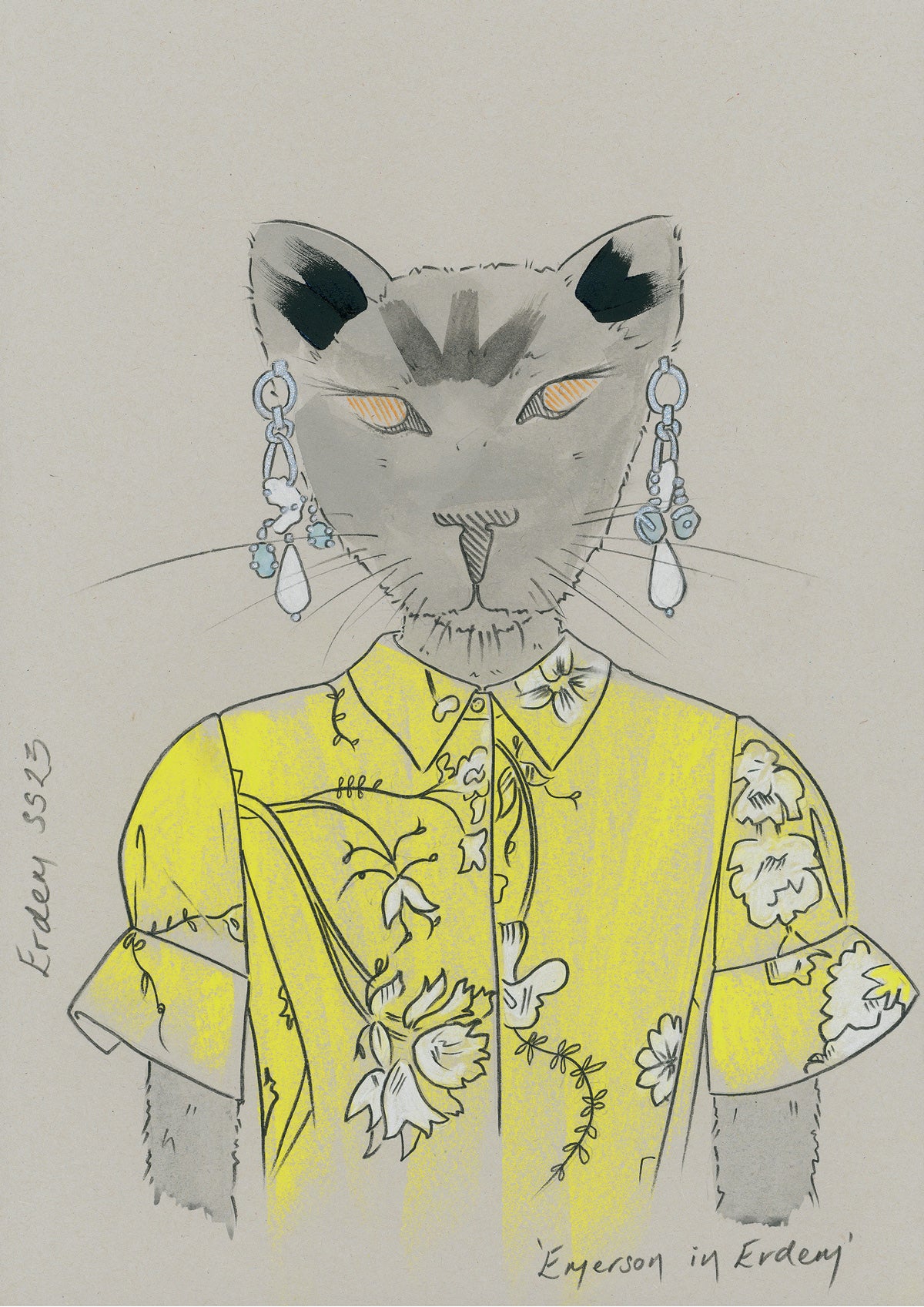 Colourful illustration of a cat in designer Erdem clothing.