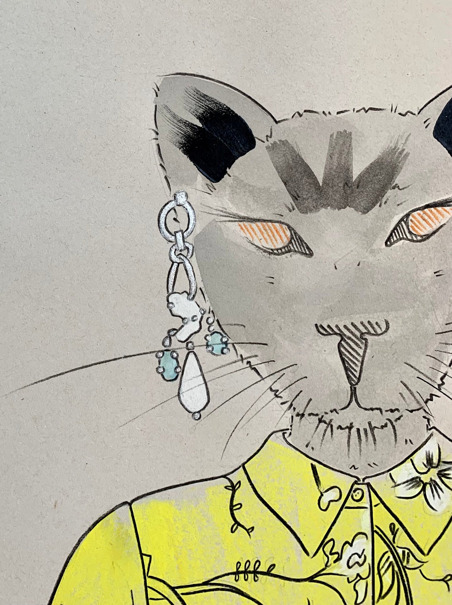 Details of a colourful illustration of a cat in designer Erdem clothing. 