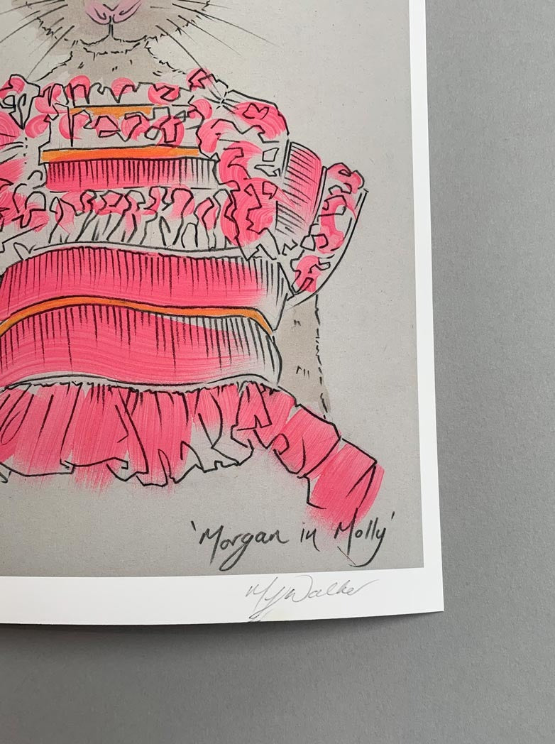 Melanie Walker's signature on a modern colour print of an animal in designer clothing.
