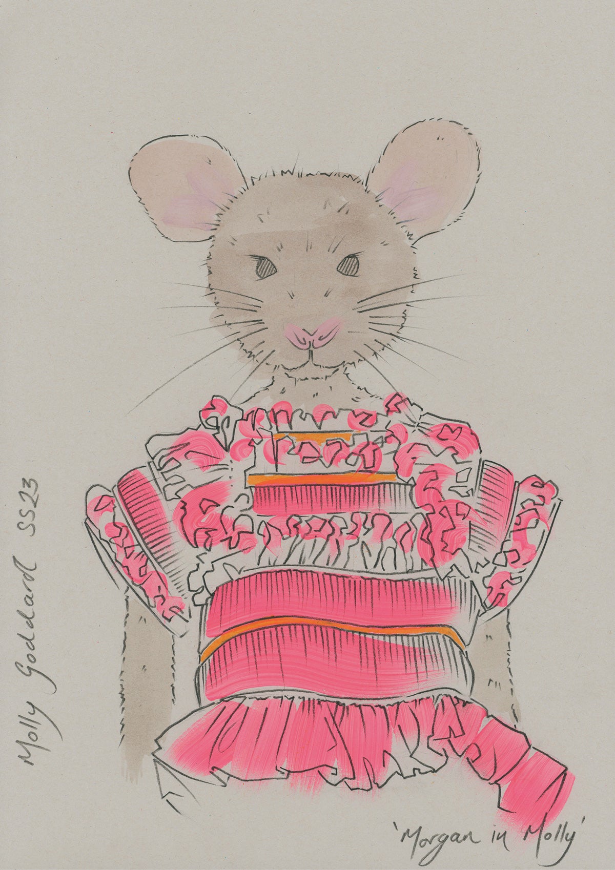 Colourful illustration of a mouse in designer Morgan clothing.