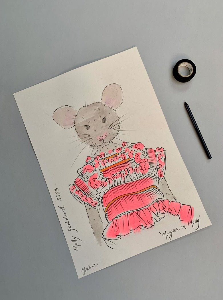 Colourful illustration of a mouse in designer Morgan clothing on a grey backdrop.