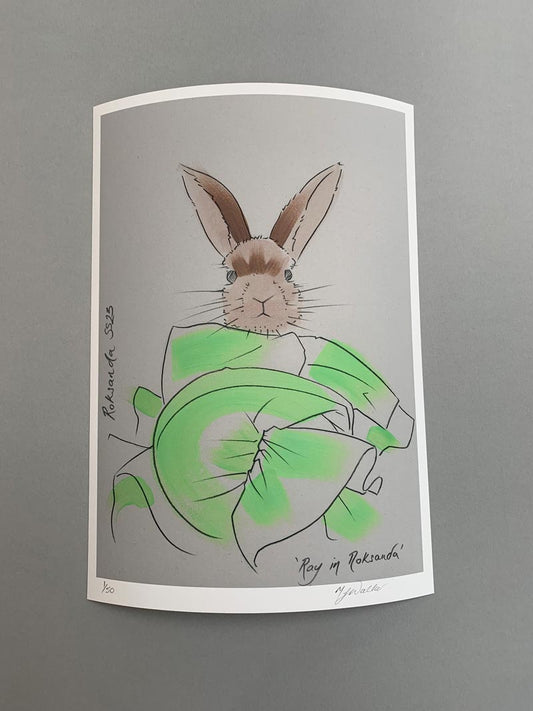 Modern A4 and A3 colour prints of an animal in designer clothing.