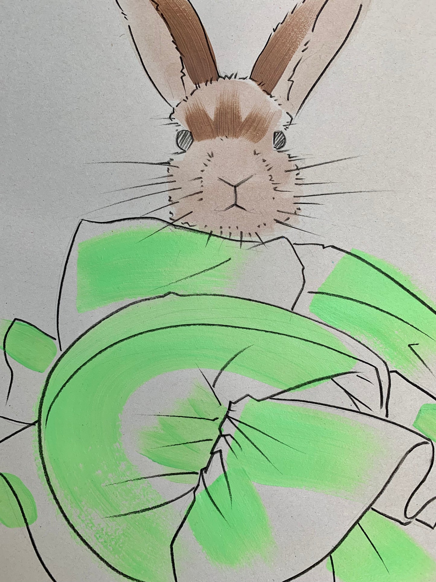 Details of a colourful illustration of a bunny in designer Roksanda clothing.