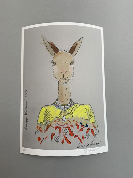 Modern A4 and A3 colour prints of an animal in designer clothing.