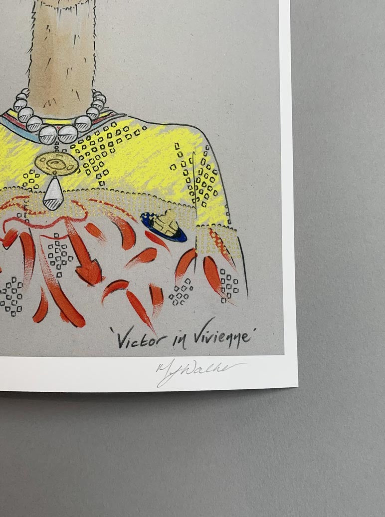 Melanie Walker's signature on a modern colour print of an animal in designer clothing.