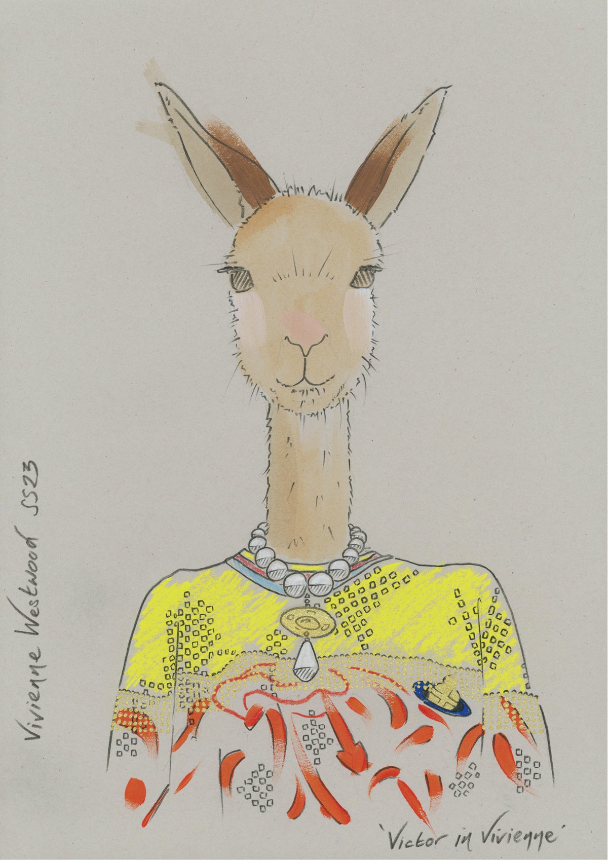 Colourful illustration of a Kangaroo in designer Vivienne Westwood clothing.