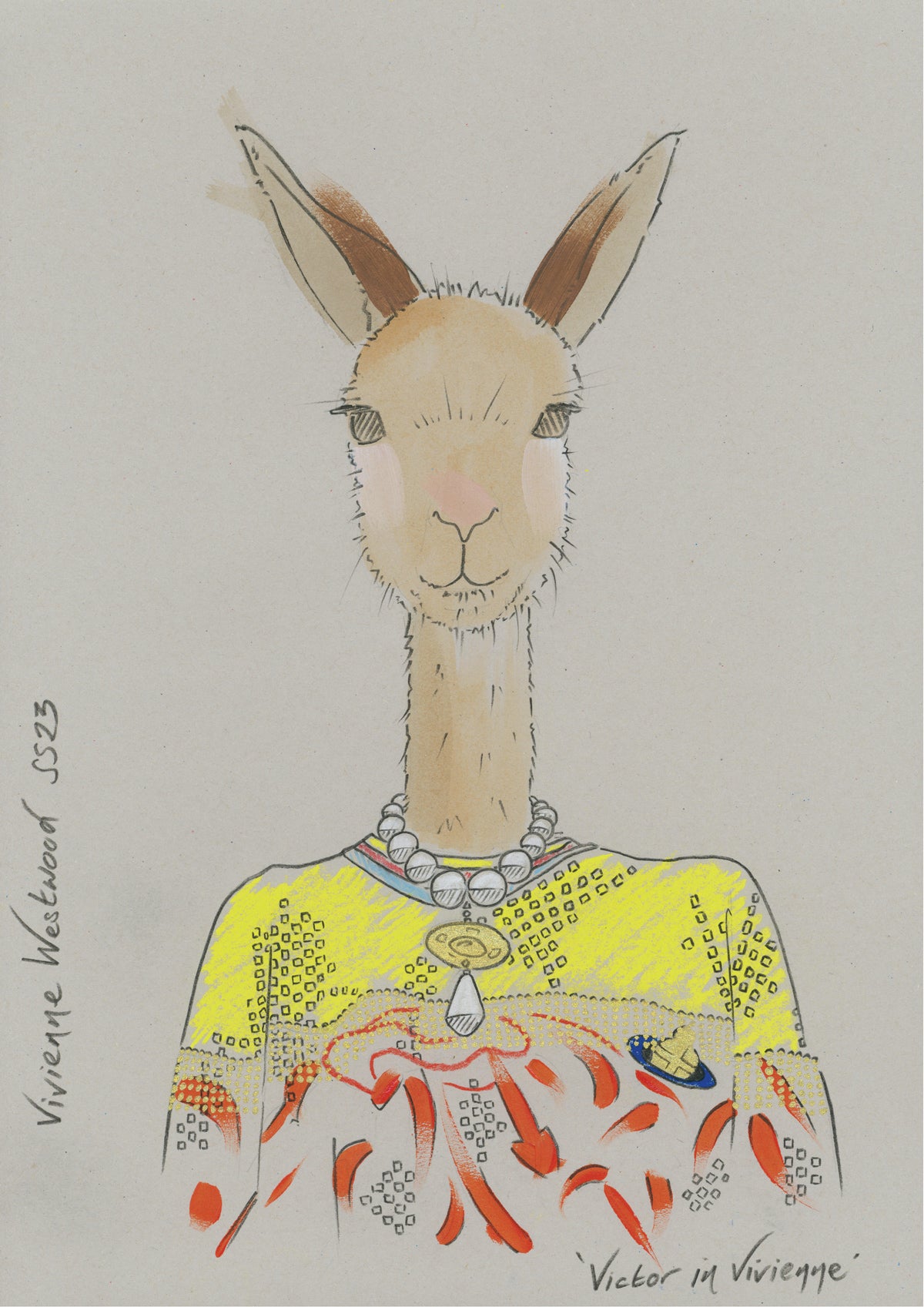 Modern colour print of an animal in designer clothing.