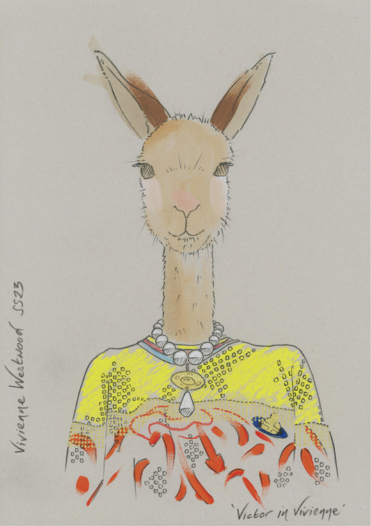 Modern colour print of an animal in designer clothing.
