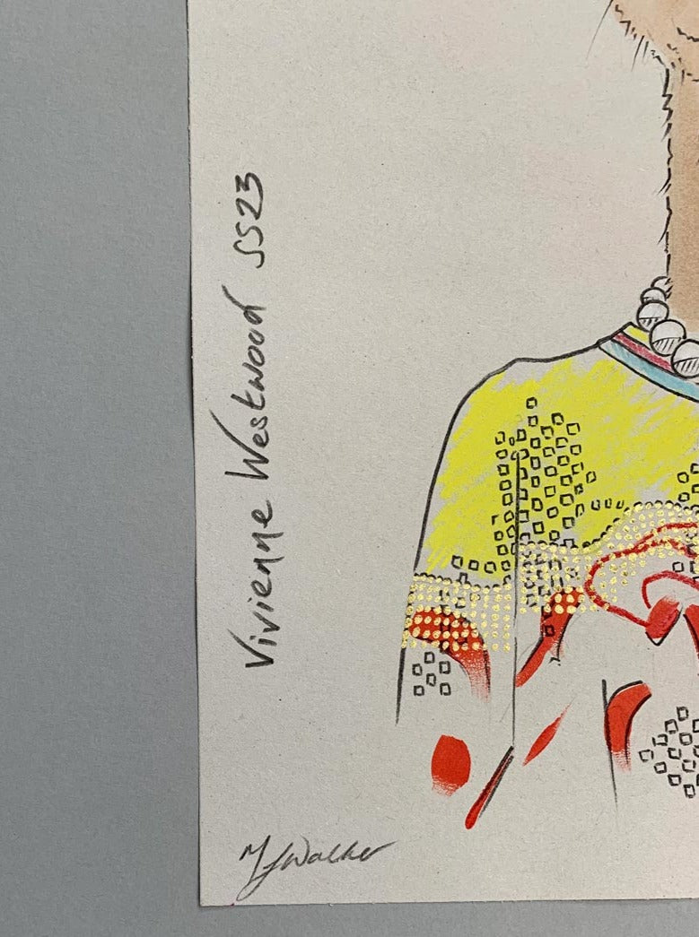 Mel Walker's signature on a colourful illustration of a Kangaroo in designer Vivienne Westwood clothing.